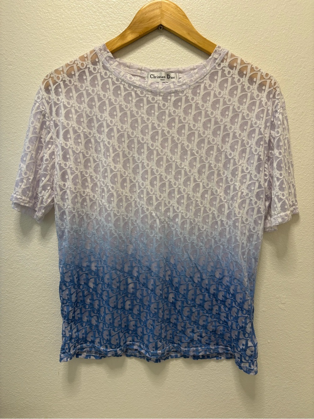 Dior White to Blue Ombre Lace Logo Short Sleeve Tee